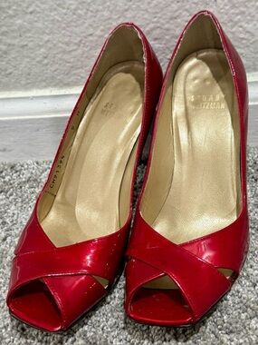 Stuart Weitzman Max Patent Leather Peep Toe Heels-Red Quasar- Sz 5